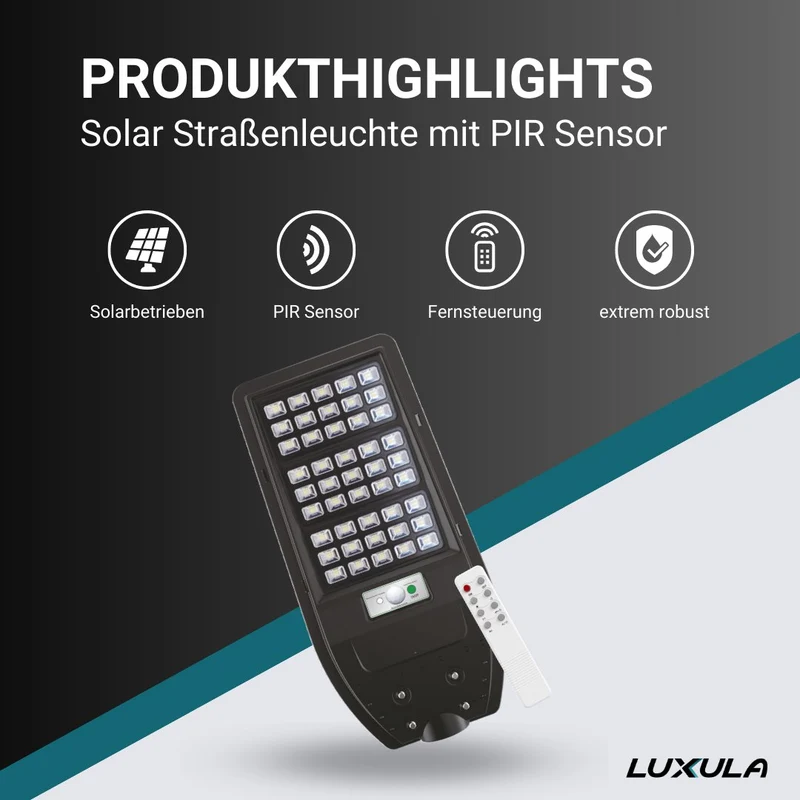 Solar-Straßenleuchte mit PIR Sensor, Parkplatzleuchte 10W PV, 1200lm, 6500K, IP65