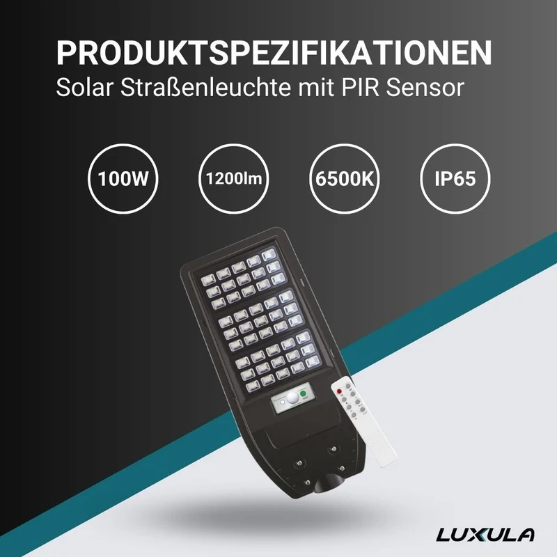 Solar-Straßenleuchte mit PIR Sensor, Parkplatzleuchte 10W PV, 1200lm, 6500K, IP65