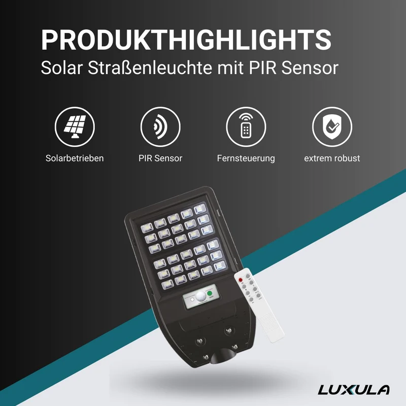 Solar Straßenleuchte mit PIR Sensor, Parkplatzleuchte, 5W PV, 600lm, 6500K, IP54
