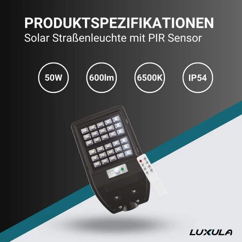 Solar Straßenleuchte mit PIR Sensor, Parkplatzleuchte, 5W PV, 600lm, 6500K, IP54