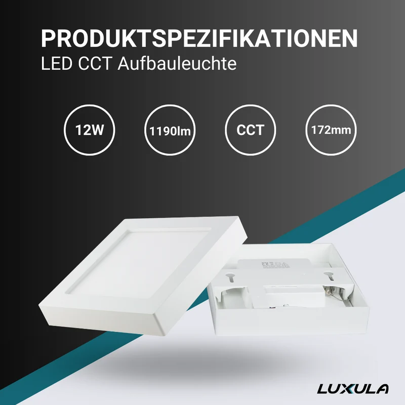 LED CCT Aufbauleuchte, 12W, 1190 lm, 172x35mm, 3000-4000-6000K einstellbar, mit Diffusor, eckig