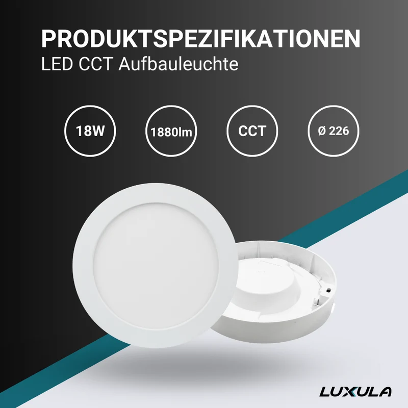 LED CCT Aufbauleuchte, 18W, 1880lm, ø226x35mm, 3000-4000-6000K einstellbar, mit Diffusor, rund