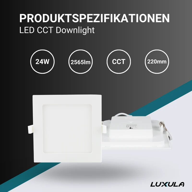 LED CCT Downlight, 24W, 2565 lm, 220x32mm, 3000-4000-6000K einstellbar, mit Diffusor, eckig