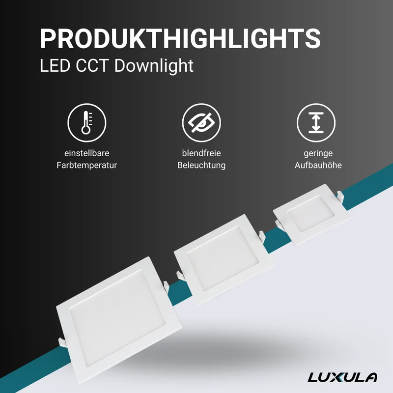 LED CCT Downlight, 6W, 525 lm, 115x32mm, 3000-4000-6000K einstellbar, mit Diffusor, eckig