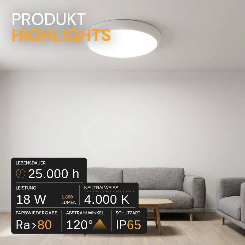 LED Aufbauleuchte mit Sensor, 18 W, 1880 lm, 4000 K, IP65