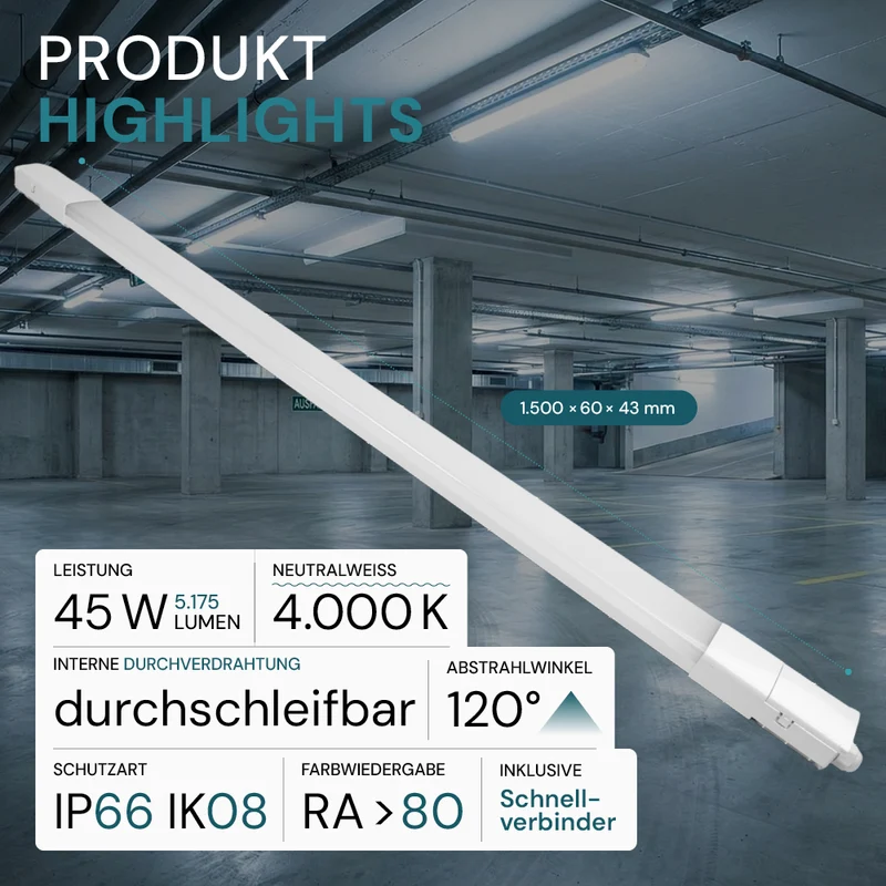 LED Feuchtraumleuchte, 150 cm, 45 W, 5175 lm, 4000 K (neutralweiß), IP66, durchschleifbar, Fast Connector