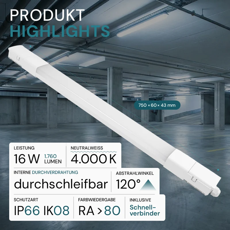 LED Feuchtraumleuchte, 75 cm, 16 W, 1760 lm, 4000 K (neutralweiß), IP66, durchschleifbar, Fast Connector