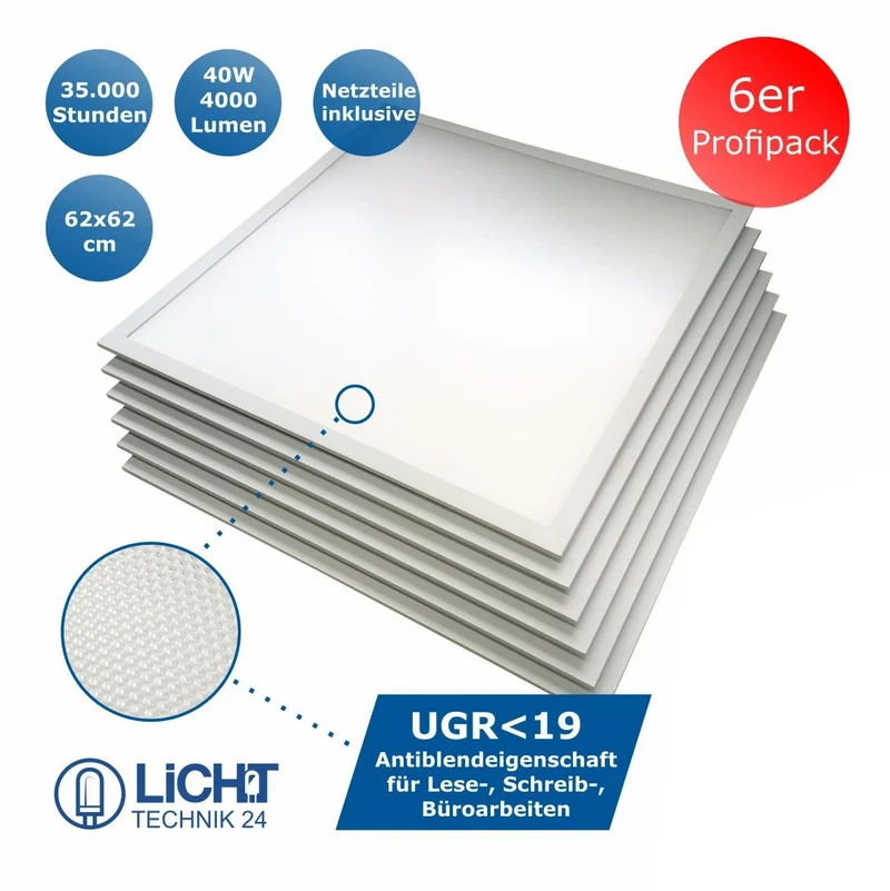 6er-Pack LED-Panel, 45 W, 62x62 cm, UGR19, 25000 h, 4500 K