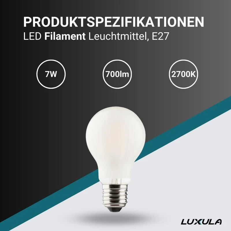 LED Filament Leuchtmittel E27, A60, 7W, 700lm, 2700K, frosted Glas
