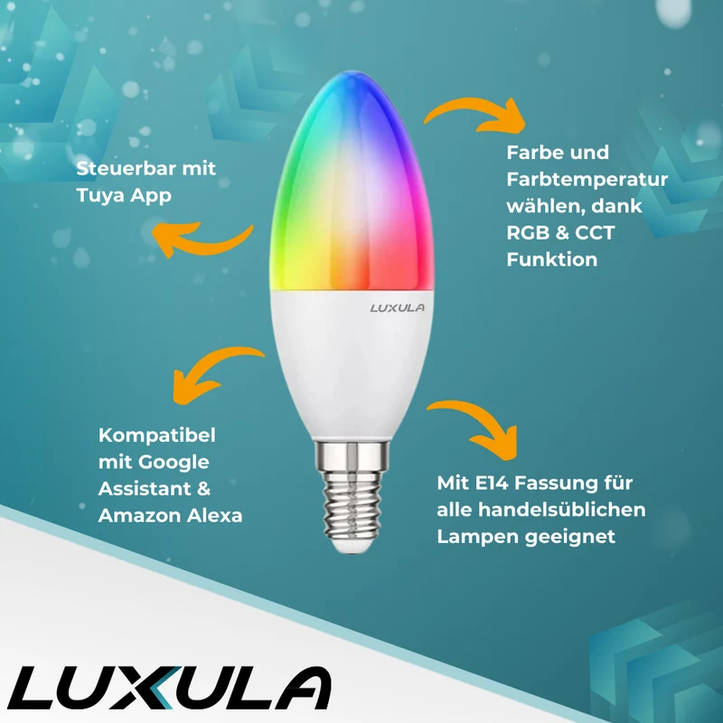 LED RGB+CCT Leuchtmittel, E14, Kerze B37, 5W, 464lm, SMART, Tuya App steuerbar, Kerze