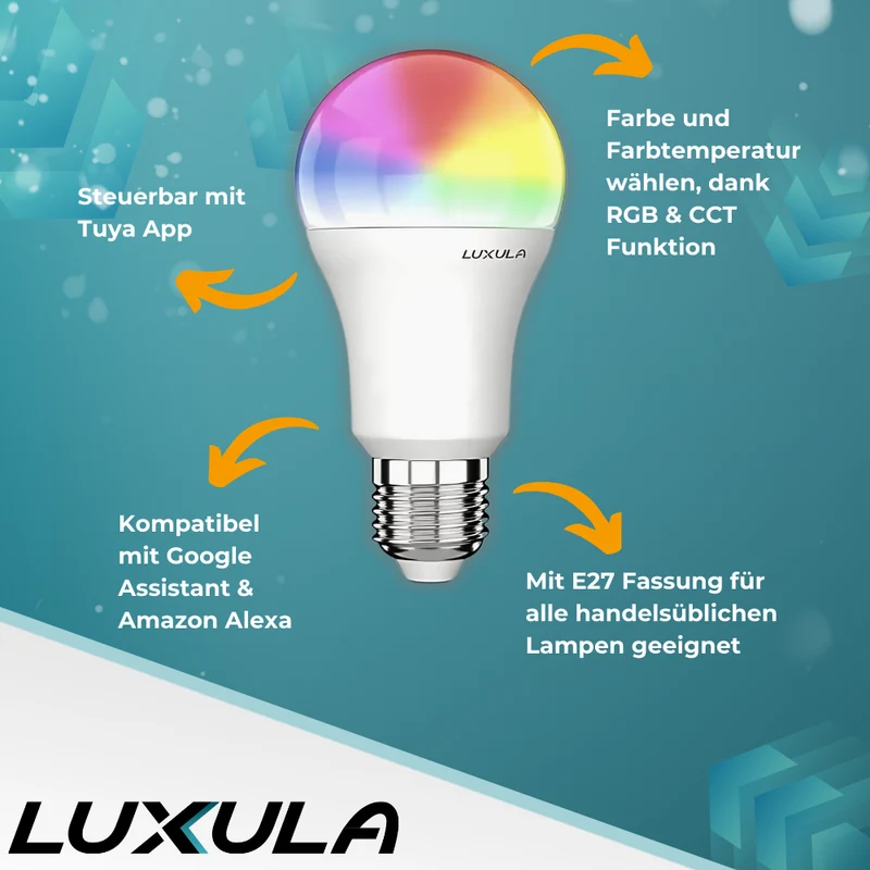 LED RGB+CCT Leuchtmittel, E27, A60, 9W, 906lm, SMART, Tuya App steuerbar