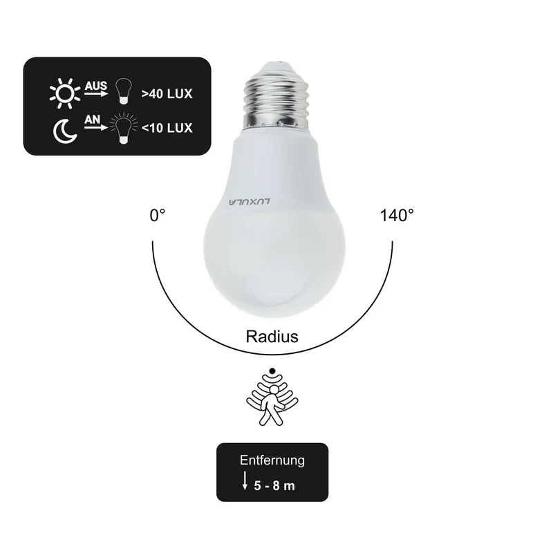 LED Leuchtmittel mit Dämmerungs und Bewegungs-Sensor, E27, A60, 9W, 911lm, 2700K