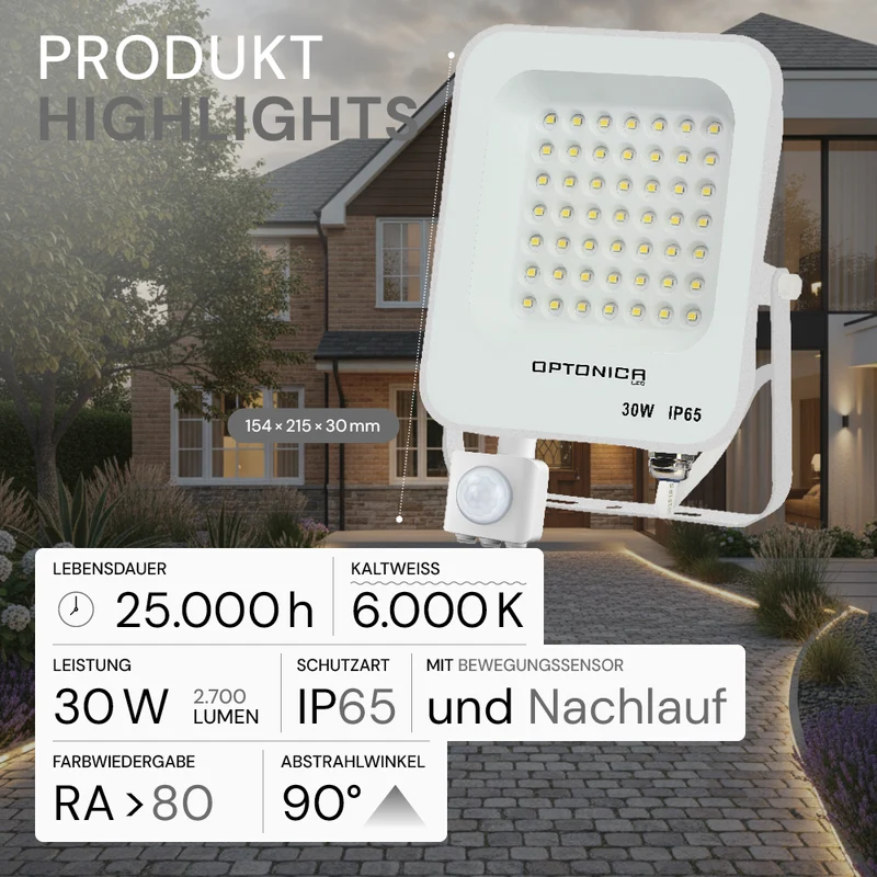 LED-Fluter, 30 W, 6000 K, IP65, Bewegungsmelder