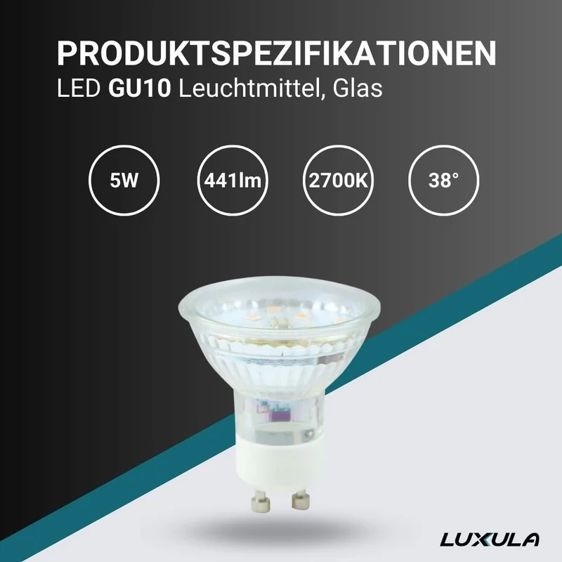 LED Leuchtmittel GU10, MR16, 5W, 441lm, 2700K, 38°, Glasgehäuse