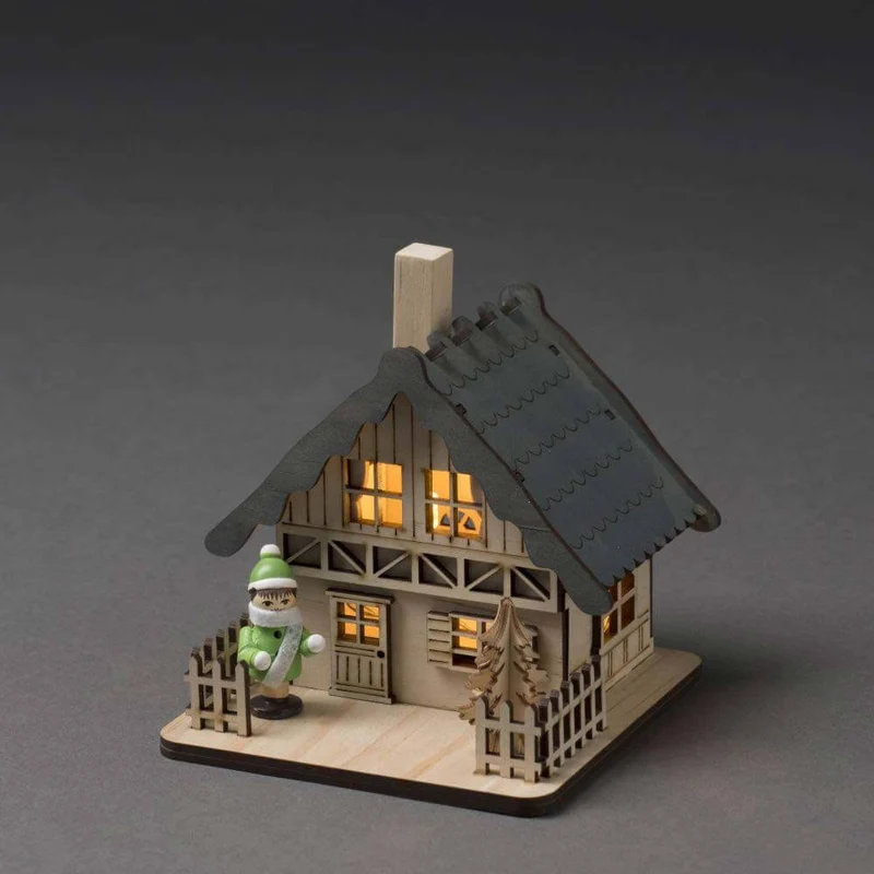 LED Holzsilhouette naturfarben Holzhaus mit grauem Dach 2 warmweiße Dioden batteriebetrieben Innen