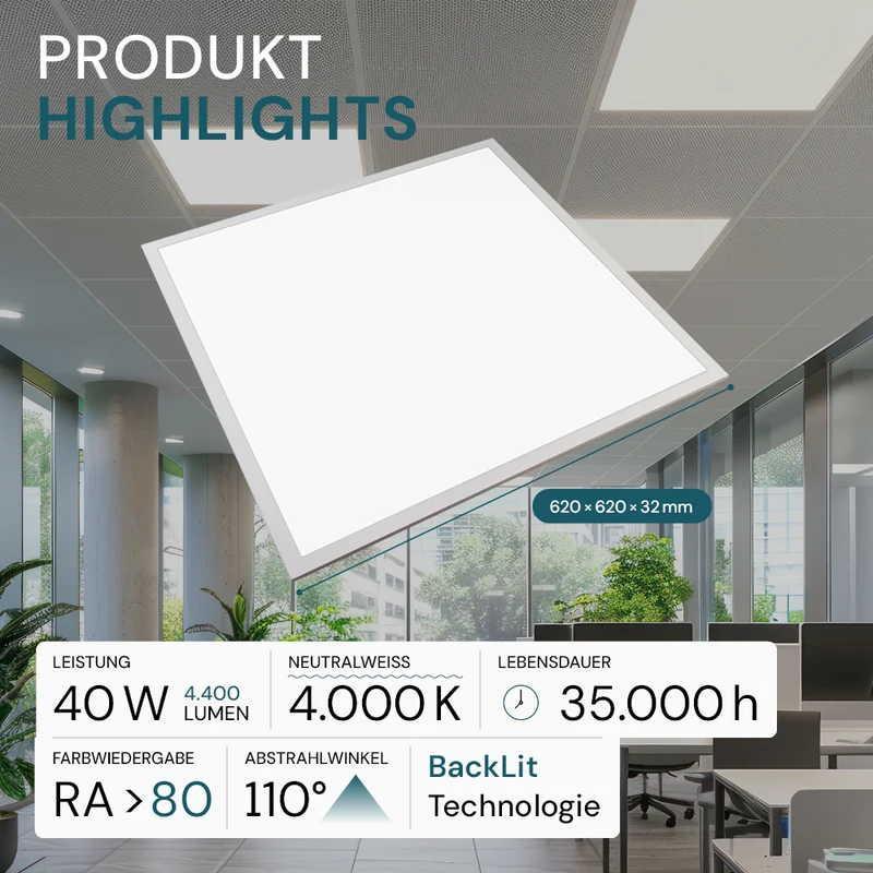 6er Pack LED BackLit Panel, 62x62, 40W, 4400 lm, 4000K, 110°, IP44