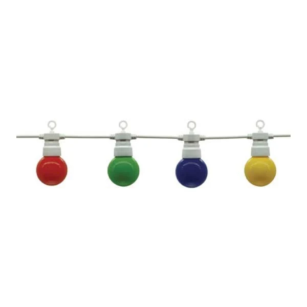 LED-Lichterkette E27, 20 bunte Leuchtmittel, 13 m, weiß, mit Aufhängung