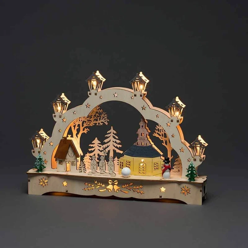 Festliche Holzsilhouette mit Kirche und Schneemann batteriebetrieben Braun
