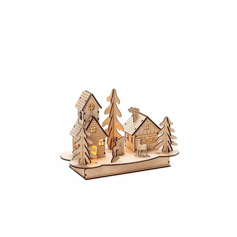 Weihnachtliche Dekoleuchte mit Haus und Tieren aus Holz Braun