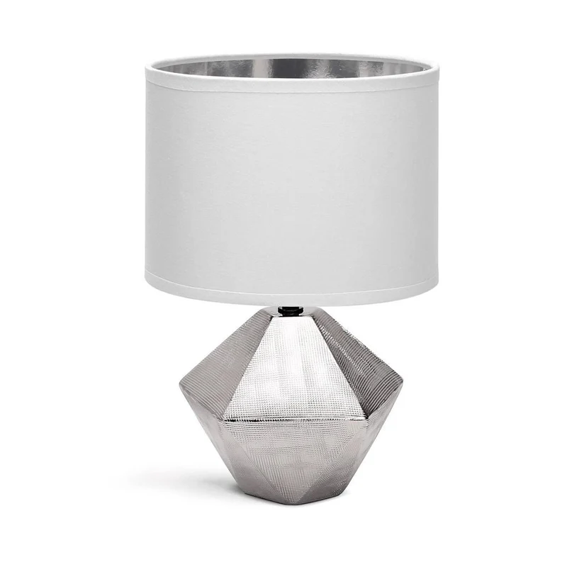 Edle silberfarbene Tischlampe aus Keramik mit 6-eckigem Fuss und weißem Stoffschirm