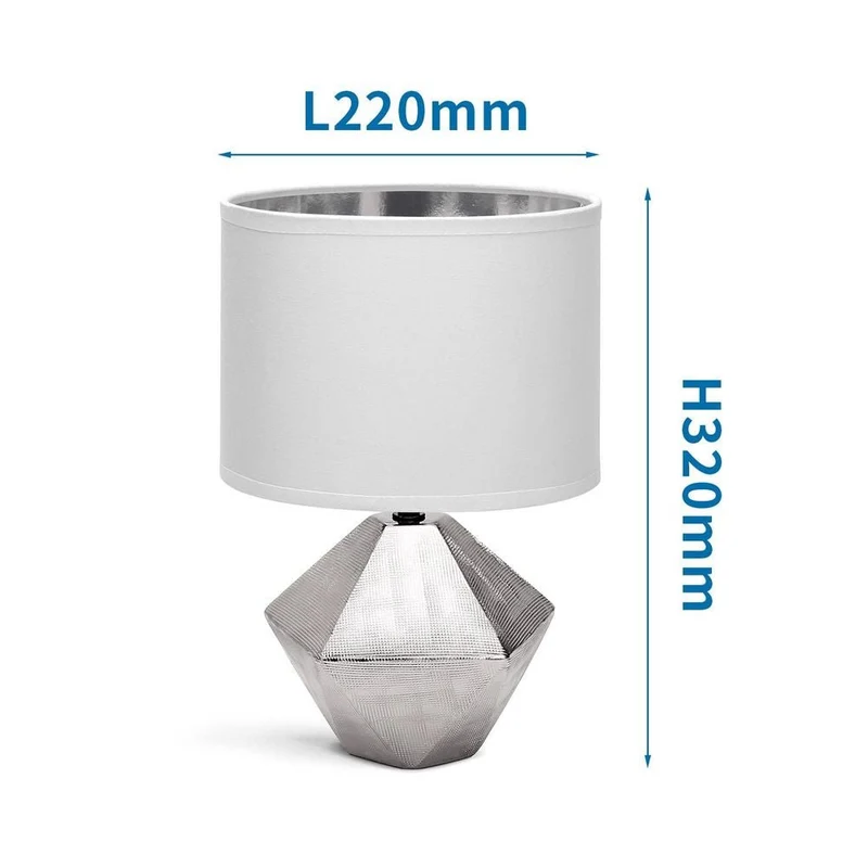 Edle silberfarbene Tischlampe aus Keramik mit 6-eckigem Fuss und weißem Stoffschirm