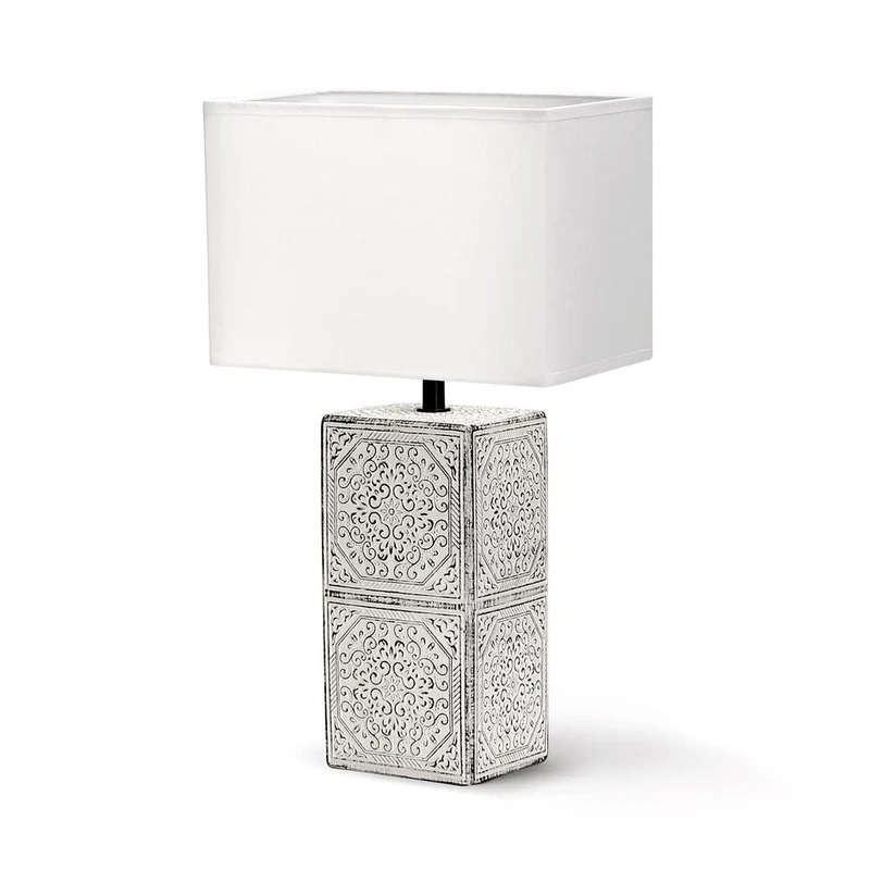 Stilsichere Tischlampe aus Keramik mit weißem orientalischem Muster schwarz unterlegt und eckigen S