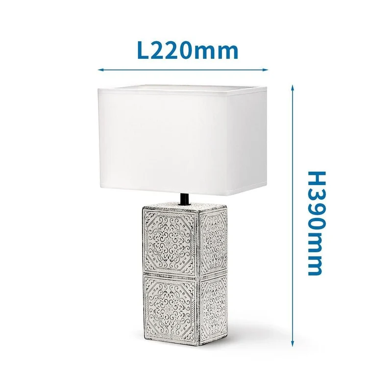 Stilsichere Tischlampe aus Keramik mit weißem orientalischem Muster schwarz unterlegt und eckigen S