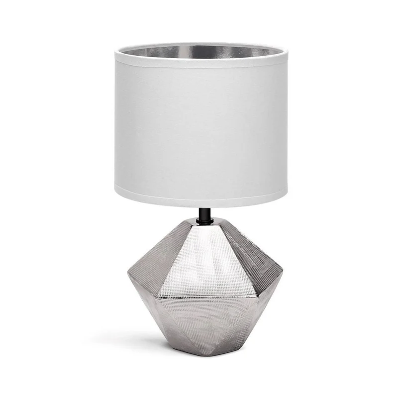Edle silberfarbene Tischlampe aus Keramik mit 6-eckigem Fuss und weißem Stoffschirm