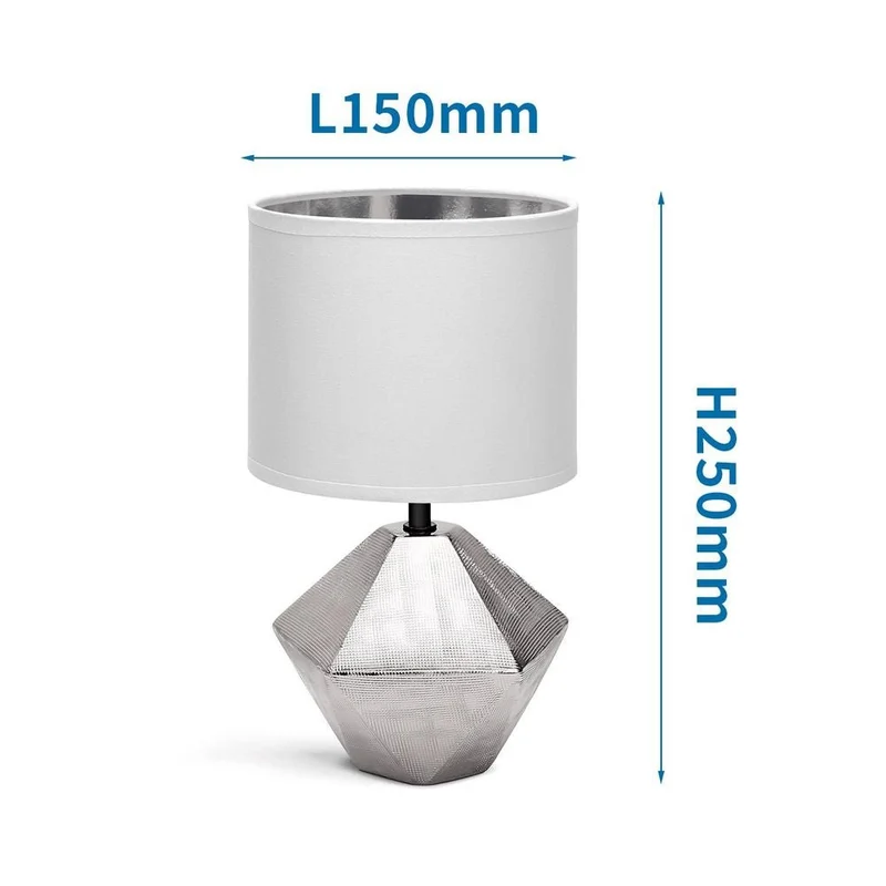 Edle silberfarbene Tischlampe aus Keramik mit 6-eckigem Fuss und weißem Stoffschirm