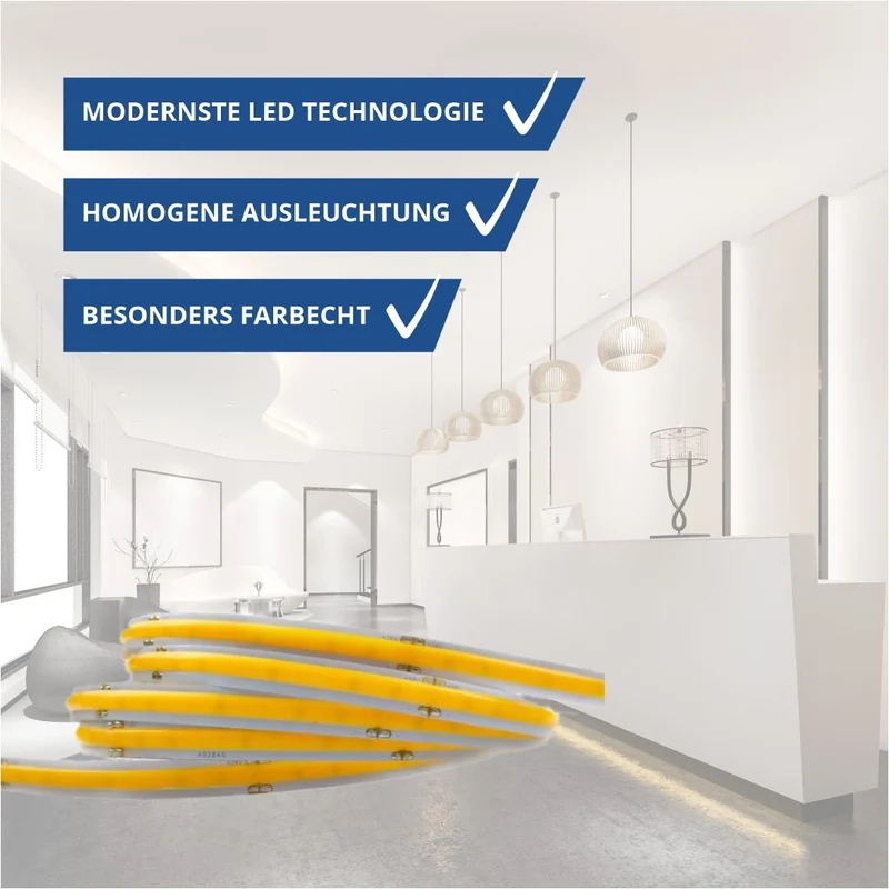 LED COB Leuchtstreifen mit 512 LEDs/m, 12 W/m, 1100 lm/m, Ra: >90, 6000K, 5 m