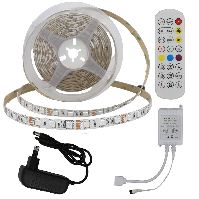 LED-Leuchtstreifen Set, RGB, 12 V, 60 LEDs, Netzteil + Fernbedienung, 5 m