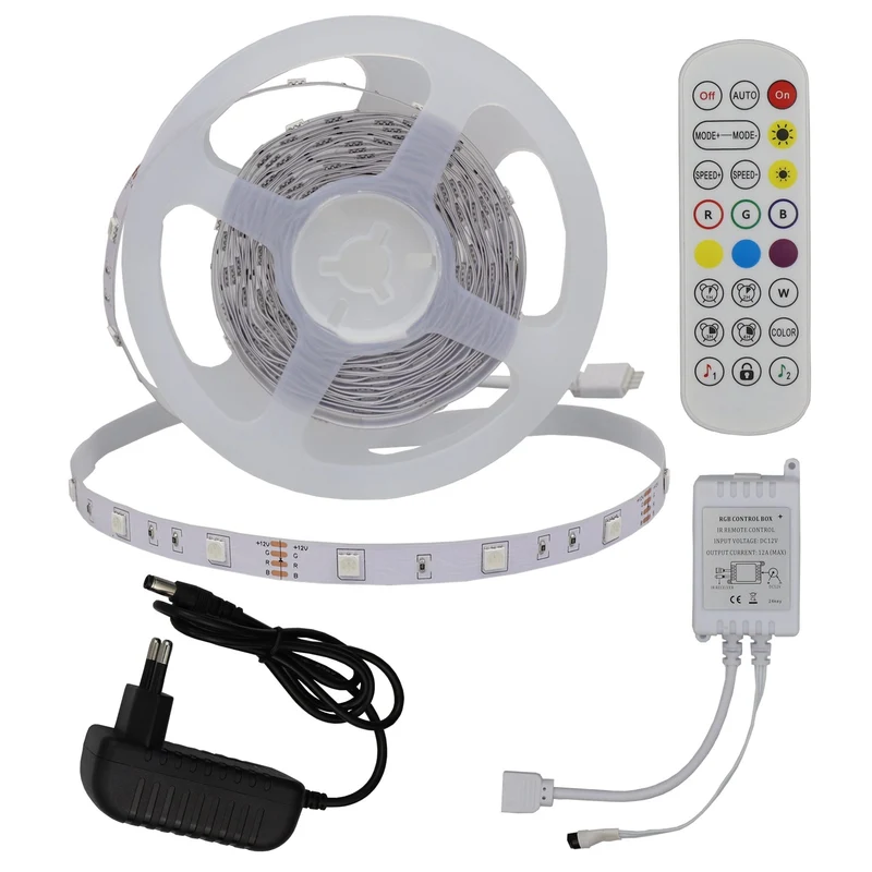 LED-Leuchtstreifen Set, RGB, 12 V, 30 LEDs, Netzteil + Fernbedienung, 5 m