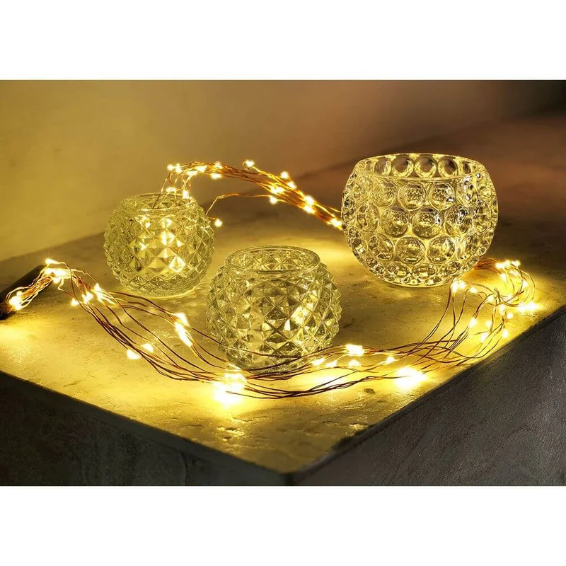 LED Tropfenlametta 10 Stränge mit 20 Dioden 200 Warmweiße Dioden kupferfarbener Draht