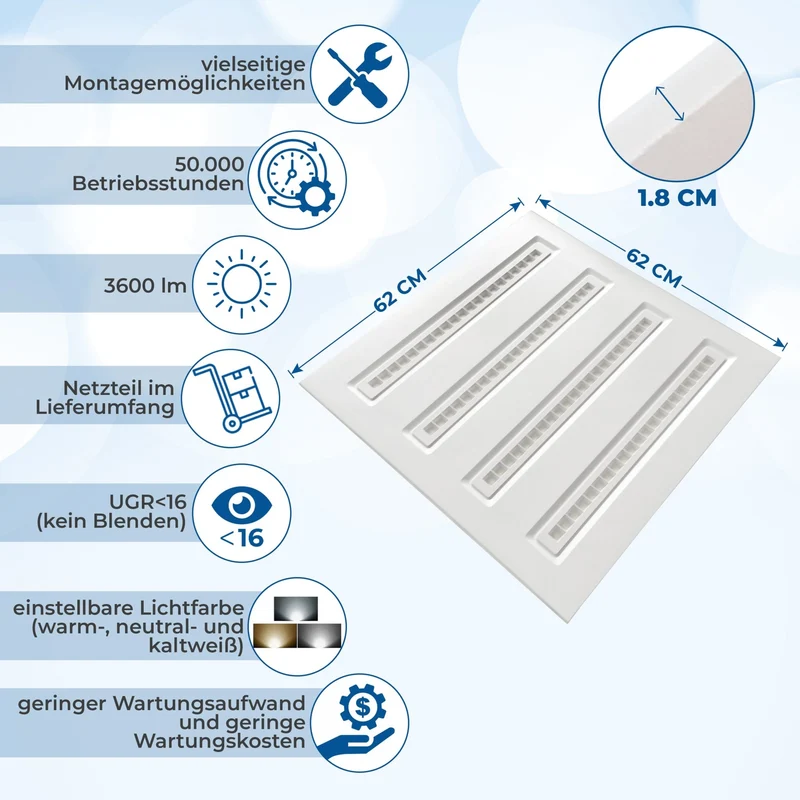 LED Panel 62x62cm, 30 W, 4200 lm, CCT 3000-6000K, UGR<16