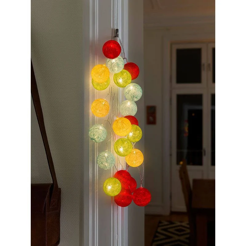 LED Dekolichterkette bunte Baumwollkugeln groß 16 Warmweiße Dioden