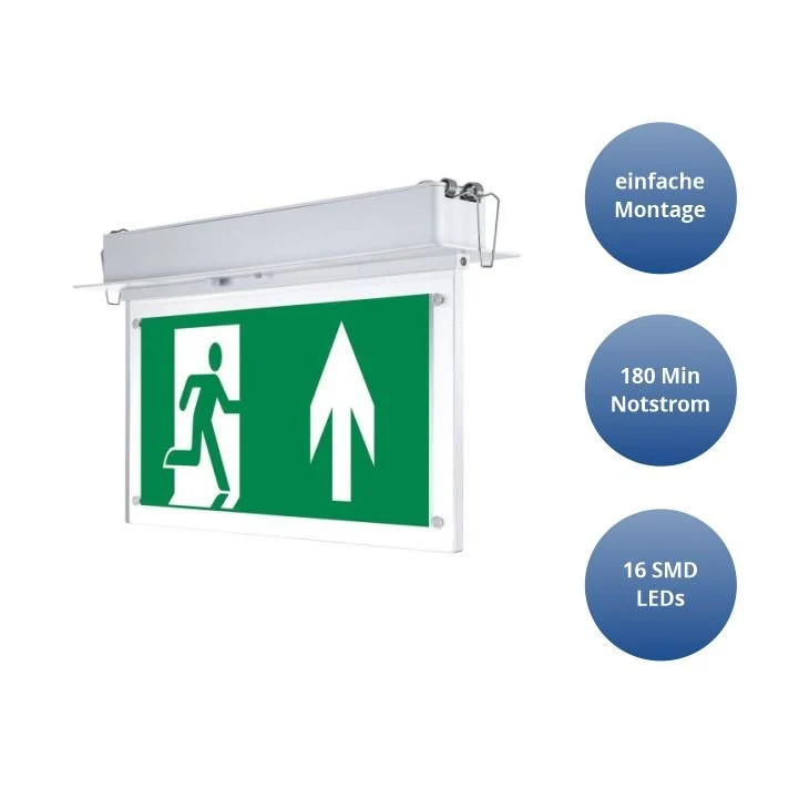Fluchtwegleuchte Deckeneinbau, 3 h Notbetrieb, 2 W – Einbau, Notbetrieb, Test-Knopf