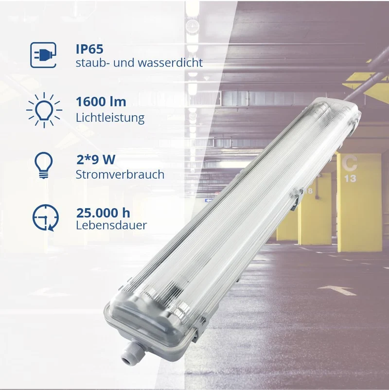 LED-Wannenleuchte, 18 W, 1600 lm, 4500 K, 68,0 cm, IP65, 2 flammig