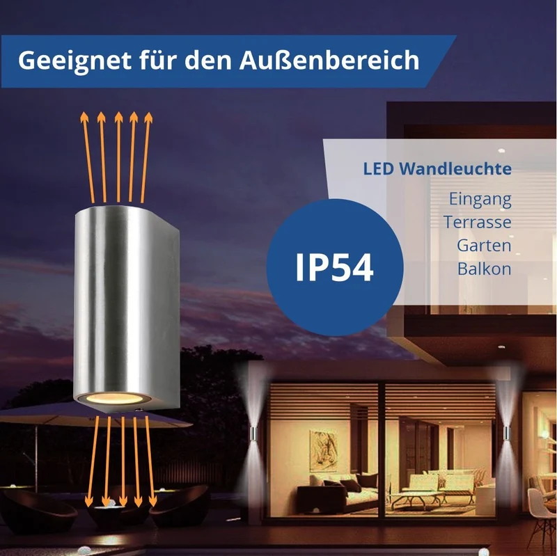 LED Wandleuchte, Aluminium, silber poliert, IP54, 2xGU10, AC220-240V