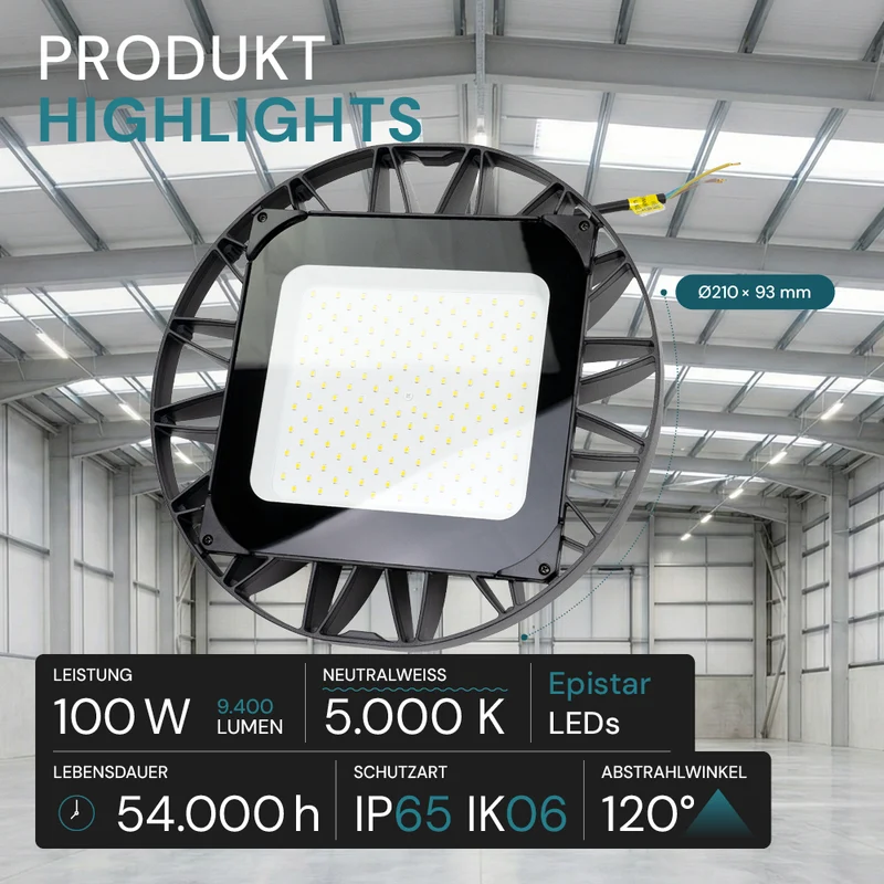 LED-HighBay, UFO, Hallenstrahler, 100 W, 9400 lm, 5000 K (neutralweiß), IP65