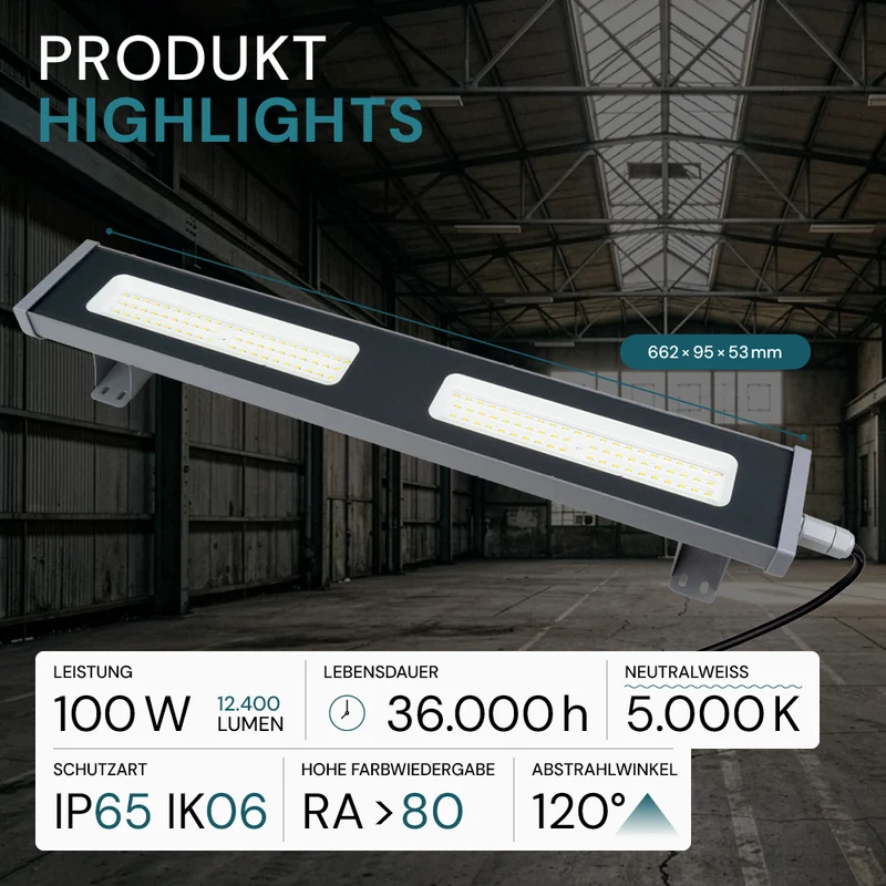 LED-Hallenleuchte, linear, 100 W, 12400 lm, 5000 K (neutralweiß), IP65, grau