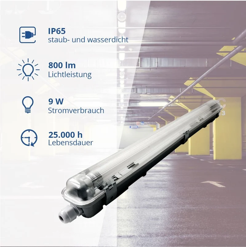 LED-Wannenleuchte, 9 W, 800 lm, 6000 K, 68,0 cm, IP65, 1 flammig