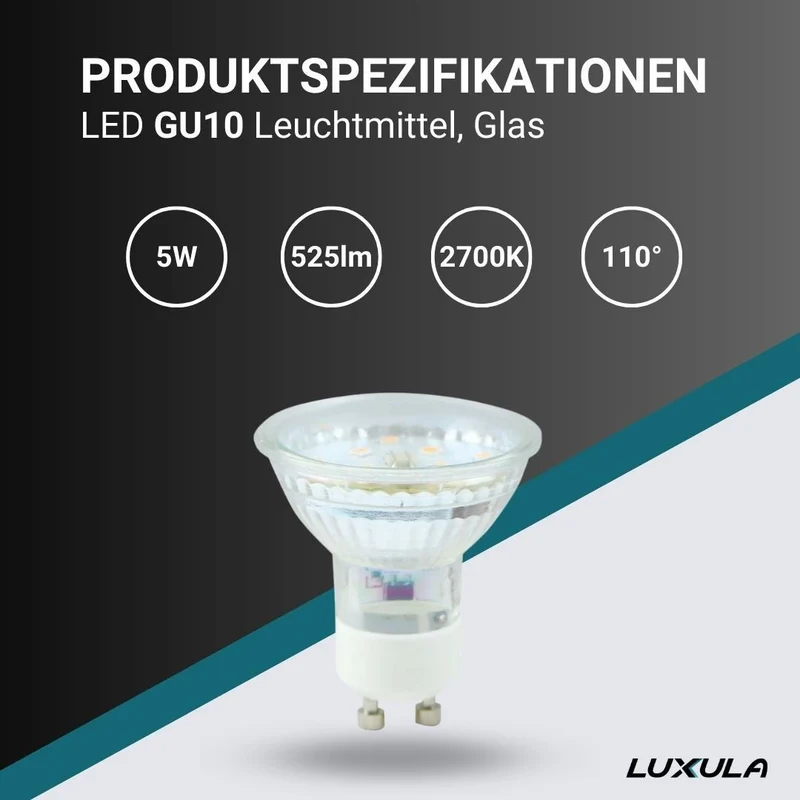 LED Leuchtmittel GU10, MR16, 5W, 525lm, 2700K, 110°, Glasgehäuse