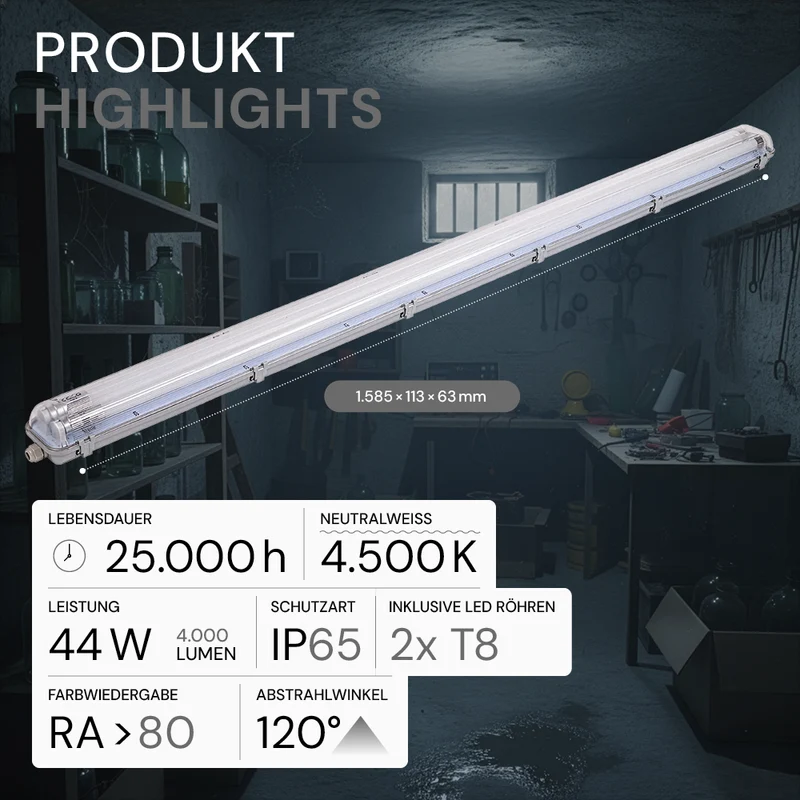 LED-Wannenleuchte, 44 W, 4000 lm, 4500 K, 158,5 cm, IP65, 2 Flammig