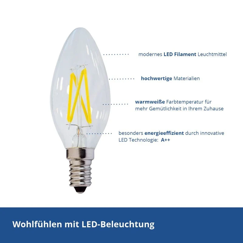 LED Filament Leuchtmittel E14, C35, 4 W, 400 lm, 2700 K, dimmbar