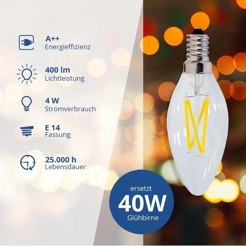 LED Filament Leuchtmittel E14, C35, 4 W, 400 lm, 2700 K, dimmbar