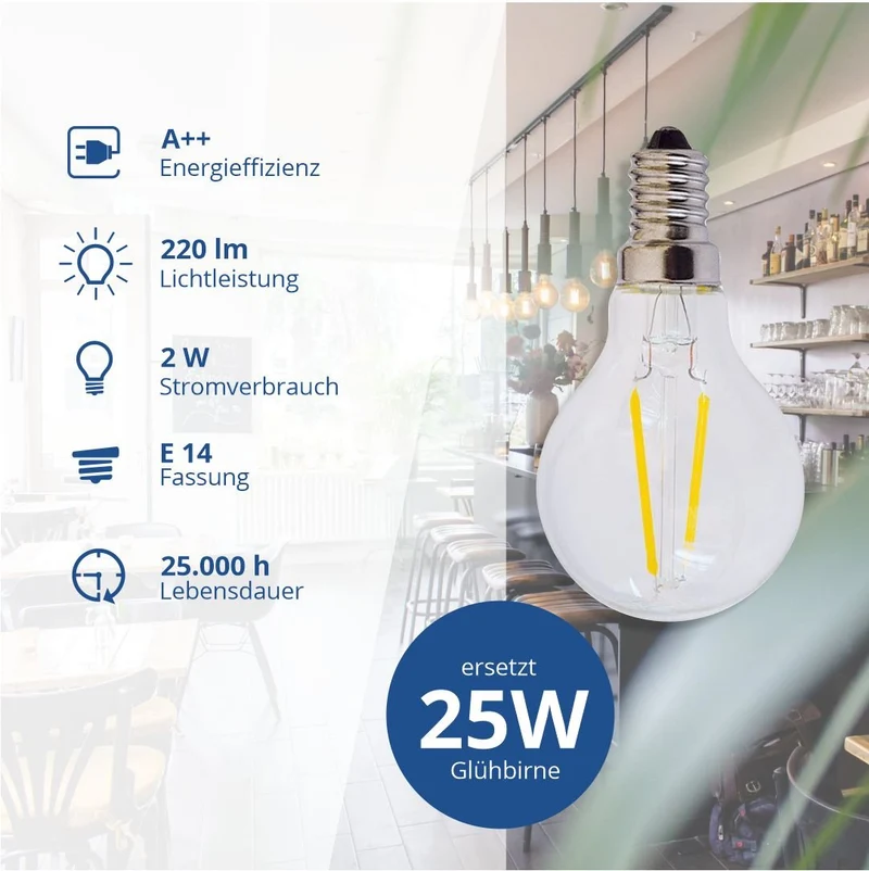 LED Filament Leuchtmittel, E14, 2W, Minibulbform, 200 Lumen, 2700K