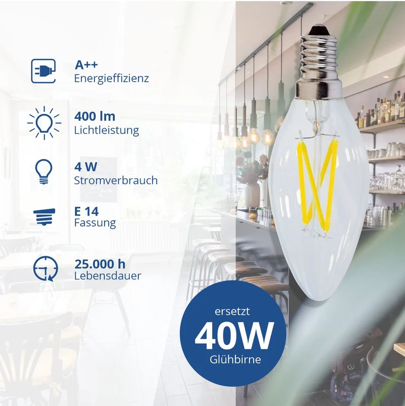 LED-Filament-Leuchtmittel, 4 W, 400 Lumen, E14, 2700K, warmweiß