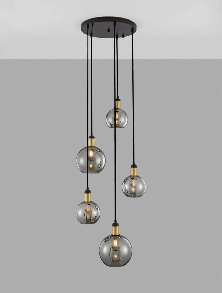 Mirro Pendelleuchte 5-flammig Ø 50cm Gold, Schwarz, Rauch