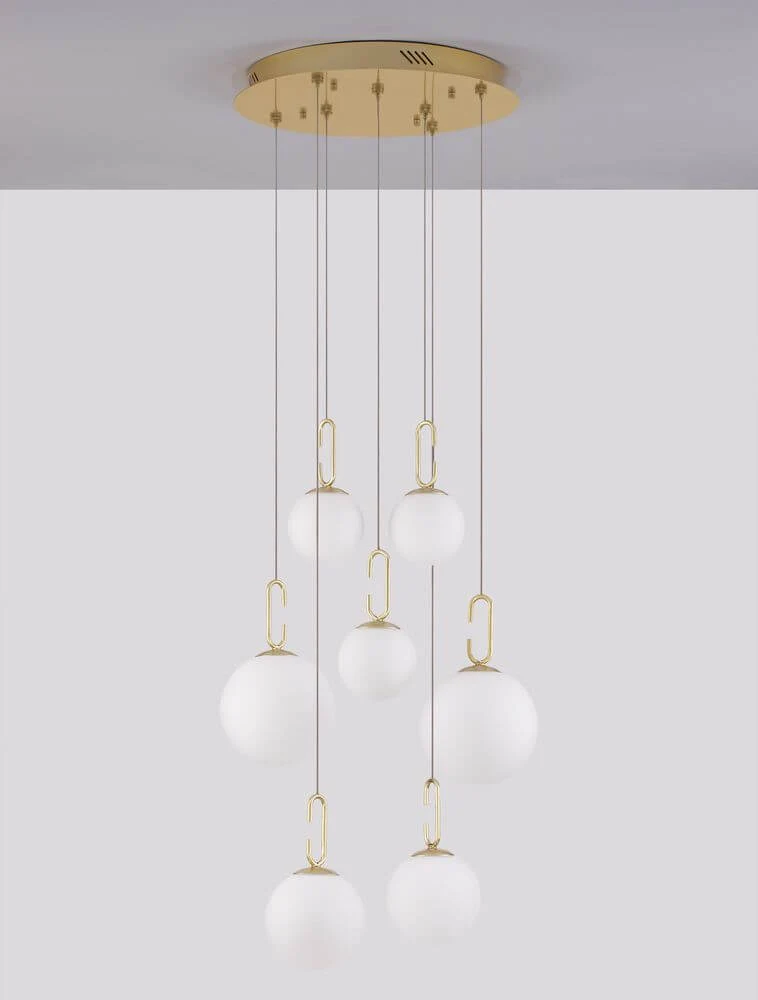 Hook LED Pendelleuchte 7-flammig Ø 56,6cm 3000K Gold-Gebürstet, Weiß