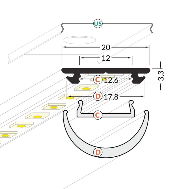 Aufbau-Biegeprofil 200cm Schwarz ohne Abdeckung für LED-Strips